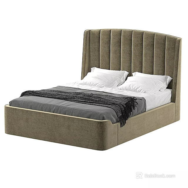 Modern Double Bed With Tufted Beige Headboard White Pillows And Gray Blanket 3d model 