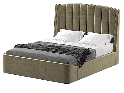 Modern Double Bed With Tufted Beige Headboard White Pillows And Gray Blanket 3d model