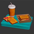 Delicious Grilled Sandwiches With Orange Drink On Blue Tray And Ketchup Packet