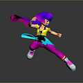 Colorful Game and Movie Character with Purple Hair Pink Streamer Yellow Top in Dynamic Pose