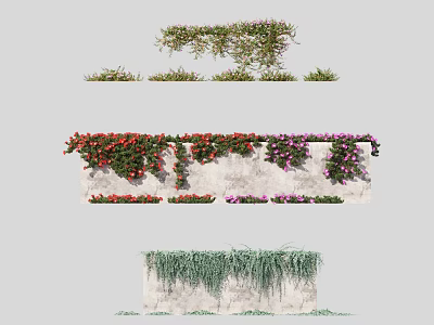 Various Types Of Decorative Vines With Red And Purple Flowers Growing On Stone Wall 3d model