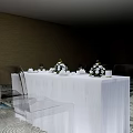 Dining Table Set With White Tablecloth Flower Bouquet Chairs Patterned Carpet And Brown Walls 3d model