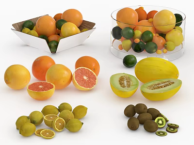 Fresh Assorted Fruits With Oranges Lemons Kiwis Melons In Paper Box And Glass Bowl 3d model