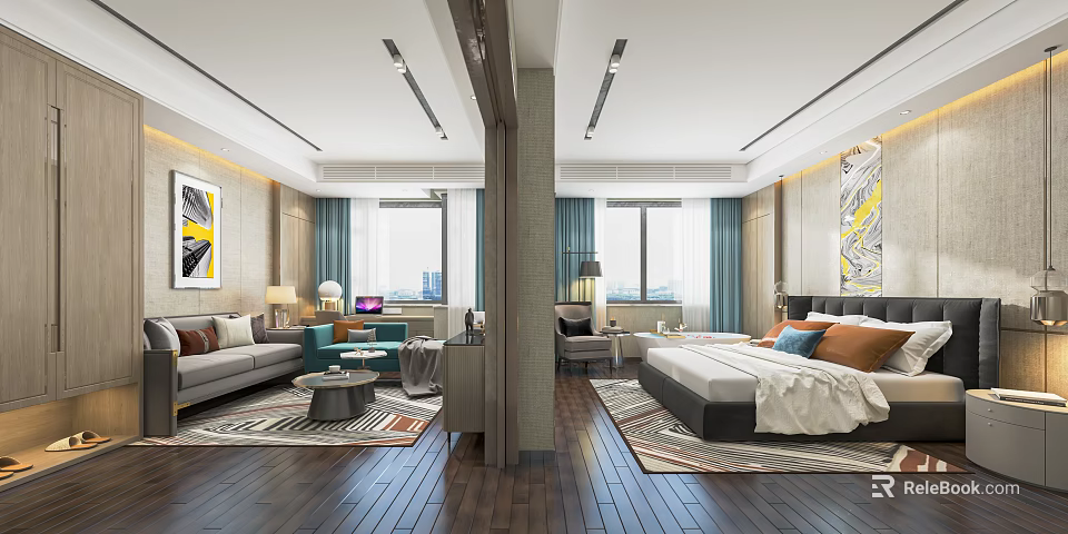 Modern Hotel Room with Sitting Area King Bed Large Windows Area Rugs and Decorative Paintings 3d model 