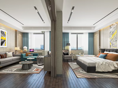 Modern Hotel Room with Sitting Area King Bed Large Windows Area Rugs and Decorative Paintings 3d model