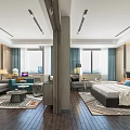 Modern Hotel Room with Sitting Area King Bed Large Windows Area Rugs and Decorative Paintings