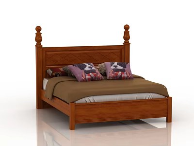 Traditional Wooden Double Bed With Carved Headboard Posts Brown Quilt And Decorative Pillows 3d model