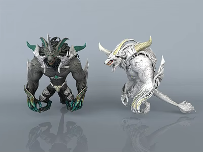 Game and Movie Fantasy Characters With Dark Armor Green Accents and White Horned Creature Design 3d model