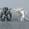 Game and Movie Fantasy Characters With Dark Armor Green Accents and White Horned Creature Design