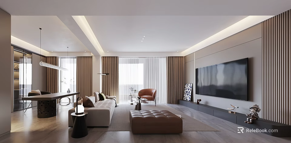 Modern Living and Dining Room Interior With Sofa TV Wall And Floor to Ceiling Curtains 3d model 
