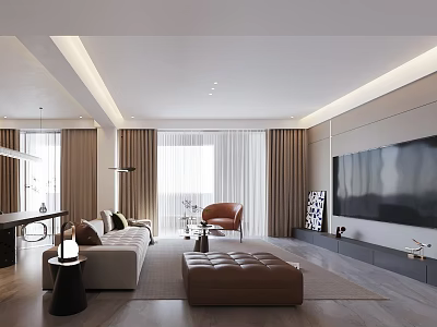 Modern Living and Dining Room Interior With Sofa TV Wall And Floor to Ceiling Curtains 3d model