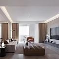 Modern Living and Dining Room Interior With Sofa TV Wall And Floor to Ceiling Curtains