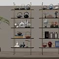 Modern Multi Layered Metal Shelves Displaying Elegant Tea Sets And Decorative Items 3d model