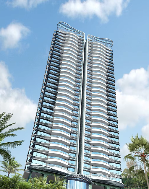 Modern High Rise Apartment Building Architecture With Blue Sky White Clouds And Palm Trees 3d model 