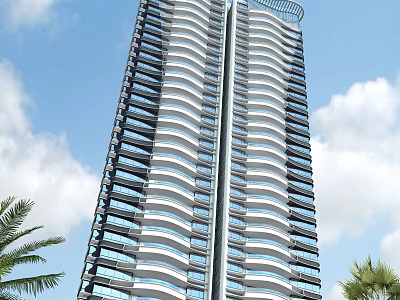 Modern High Rise Apartment Building Architecture With Blue Sky White Clouds And Palm Trees 3d model