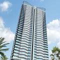Modern High Rise Apartment Building Architecture With Blue Sky White Clouds And Palm Trees