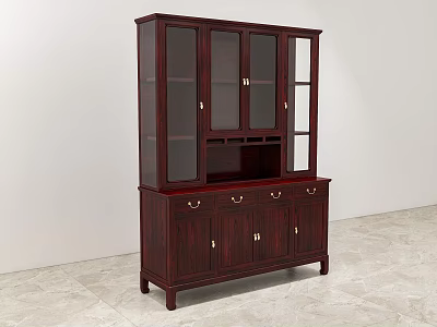 Dark Red Wooden Bookcase With Glass Doors Drawers And Cabinet Doors Classic Design 3d model