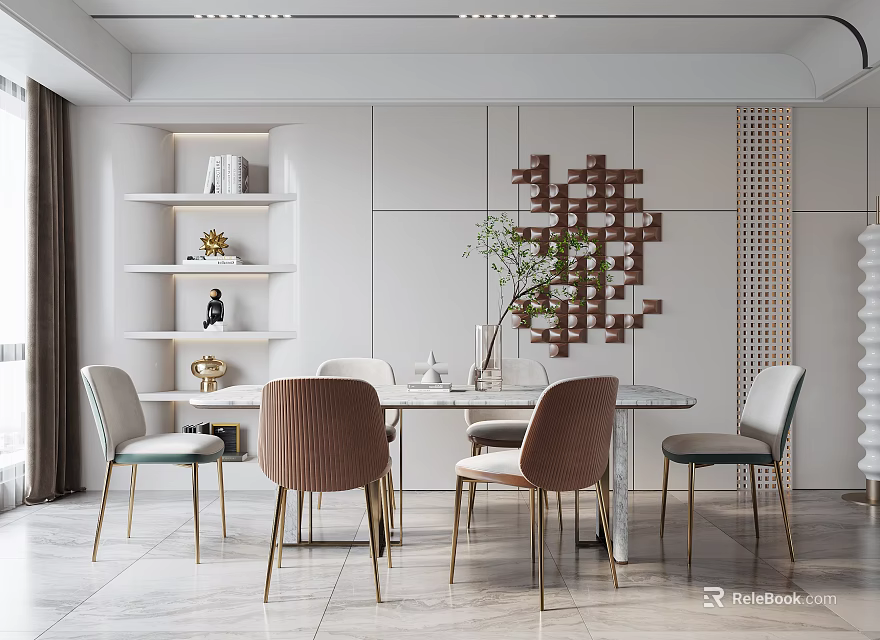 Elegant Modern Restaurant Interior With Dining Table Chairs Wall Decor And Green Plant 3d model