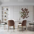 Elegant Modern Restaurant Interior With Dining Table Chairs Wall Decor And Green Plant 3d model