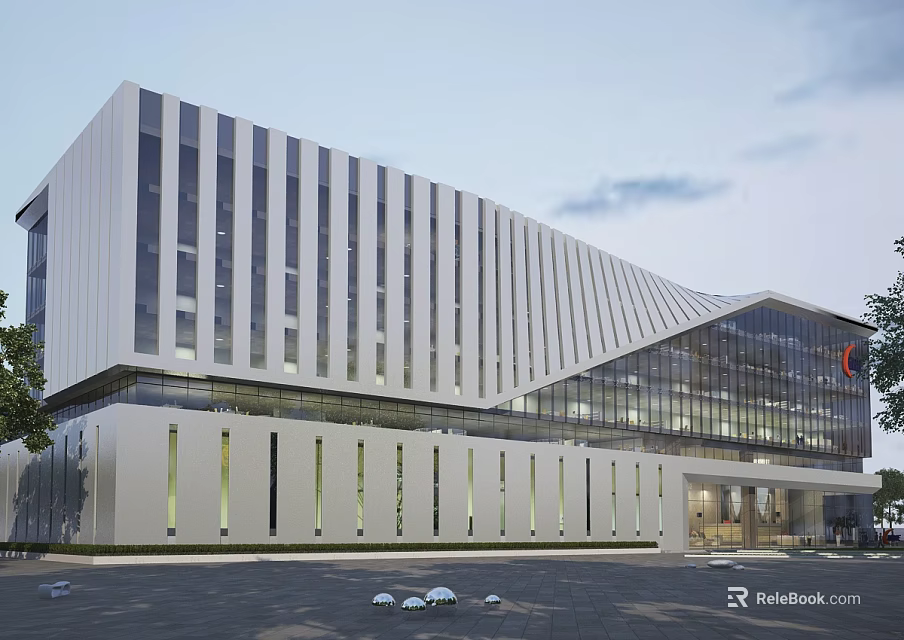 Modern Office Building Exterior Design Featuring White Vertical Stripes Glass Curtain Wall And Front Plaza 3d model 