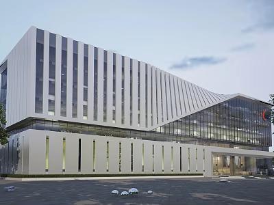 Modern Office Building Exterior Design Featuring White Vertical Stripes Glass Curtain Wall And Front Plaza 3d model