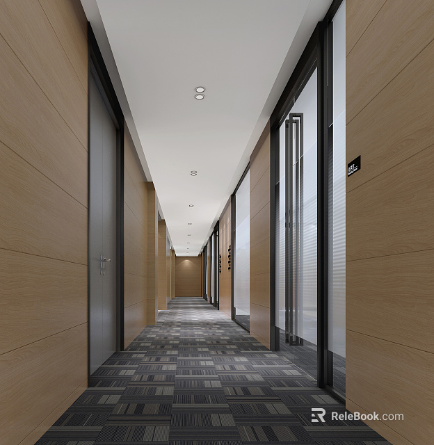 Modern Office Corridor Interior Design With Wooden Walls Glass Doors And Carpeted Floor 3d model 