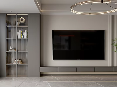 Modern TV Wall Design With Glass Display Cabinet Books And Gray TV Cabinet 3d model