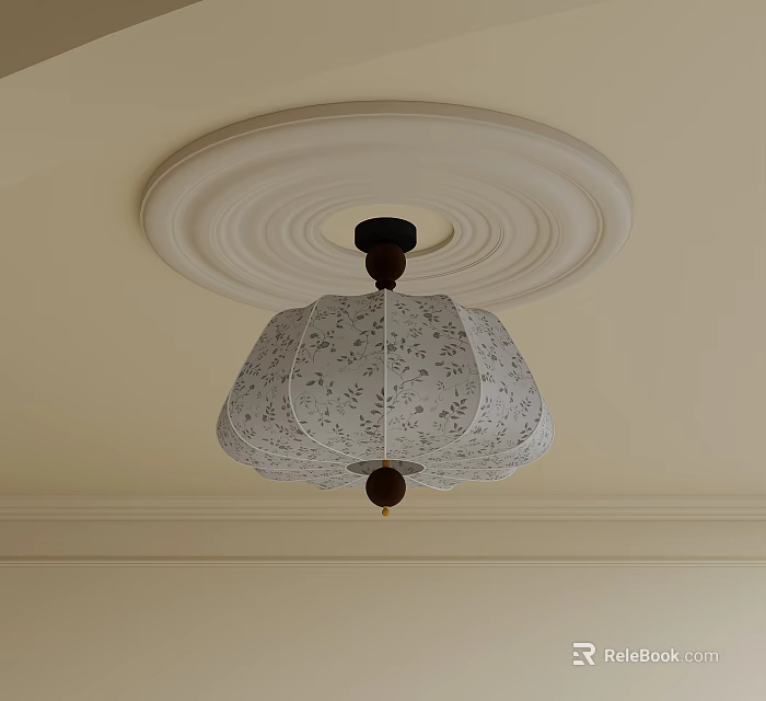 White Lantern Shaped Ceiling Pendant Light With Floral Pattern Fabric Shade 3d model