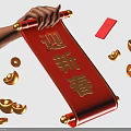 Chinese New Year Celebration With Hand Holding Red Scroll Golden Ingots And Red Envelope