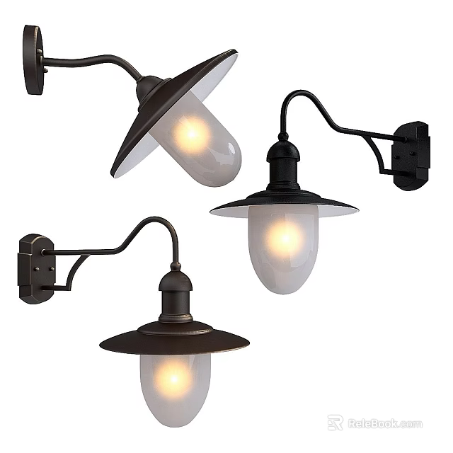 Stylish Black Metal Wall Lights With Glass Shades And Illuminated Bulbs 3d model 