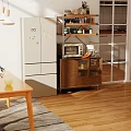 Sturdy Metal and Wood Kitchen Shelf With Jars Dishes Microwave Coffee Maker and Fruits
