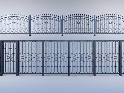 Iron Fence With Decorative Patterns Curved Top And Linear Structure Design 3d model