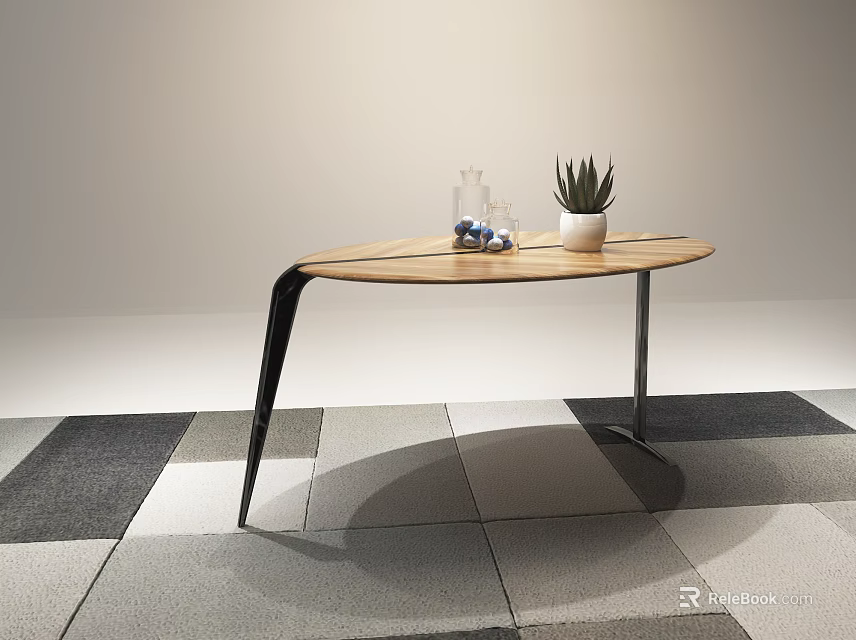 Modern Side Table With Wooden Top Metal Legs Succulent Plant Glass Vases And Blue Decor 3d model 
