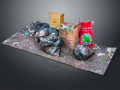 Household Waste Collection With Black Garbage Bags Cardboard Boxes And Scattered Trash 3d model