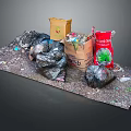 Household Waste Collection With Black Garbage Bags Cardboard Boxes And Scattered Trash