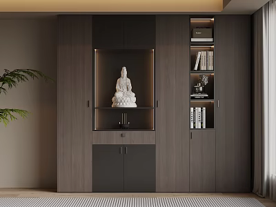 Modern Wooden Buddhist Shrine Cabinet With Glass Display Buddha Statue And Bookshelves 3d model