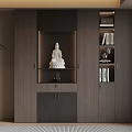 Modern Wooden Buddhist Shrine Cabinet With Glass Display Buddha Statue And Bookshelves