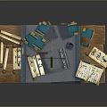 Vintage Study Table Setup With Stacked Books Ancient Scrolls Open Books And Blue Tablecloth