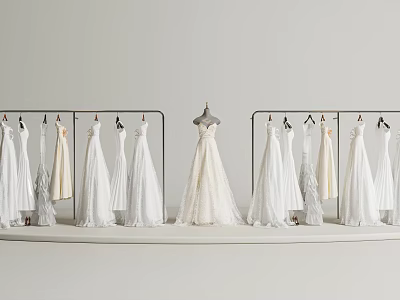 Elegant White Wedding Dresses Display On Hangers With Central Bridal Gown 3d model