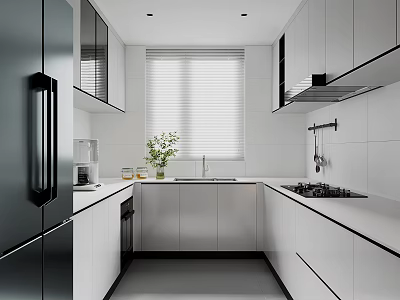 Modern Kitchen Interior With White Cabinets Black Refrigerator And Window Blinds 3d model