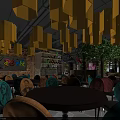 Vibrant Hotpot Restaurant Interior With Yellow Pendant Lights Colorful Chairs Round Tables And Green Plants