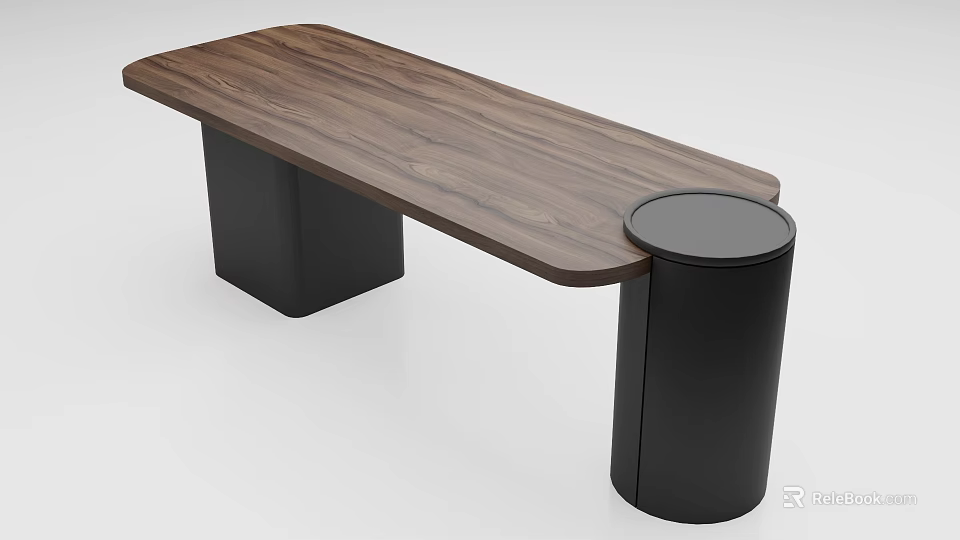 Modern Minimalist Dining Table With Walnut Wooden Top And Black Metal Cylinder Base 3d model 