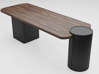 Modern Minimalist Dining Table With Walnut Wooden Top And Black Metal Cylinder Base 3d model