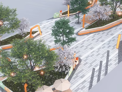 Garden Landscape Design With Stone Pavement Orange Railings Blooming Trees Greenery Lighting And Visitors 3d model