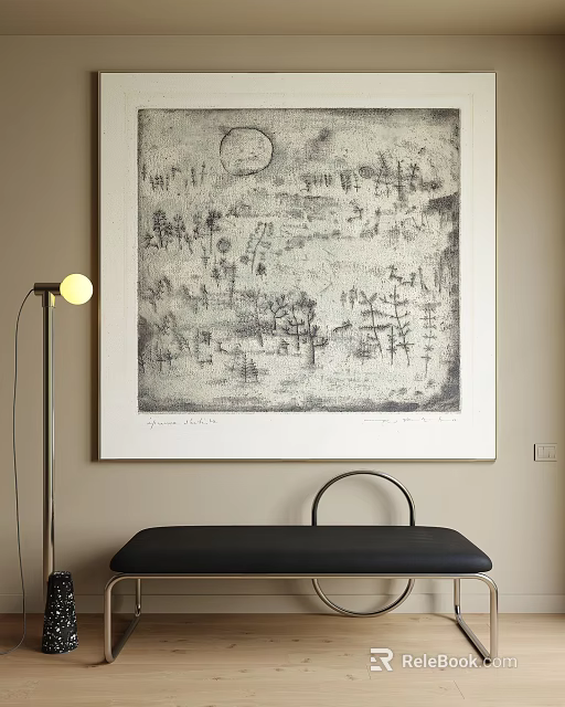Black And White Oil Painting Hanging On Beige Wall 3d model 