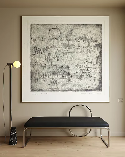 Black And White Oil Painting Hanging On Beige Wall 3d model