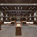 Religious Church Interior With Wooden Pews Cross High Ceiling And Windows