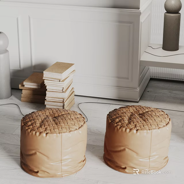 Brown Woven Leather Ottoman Poufs In Minimalist Interior With Stacked Books 3d model 
