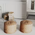 Brown Woven Leather Ottoman Poufs In Minimalist Interior With Stacked Books