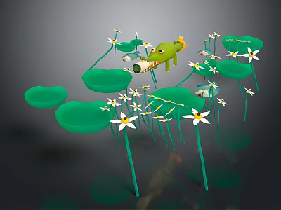 Cartoon Water Scene Featuring Green Crocodile Lily Pads And White Flowers 3d model